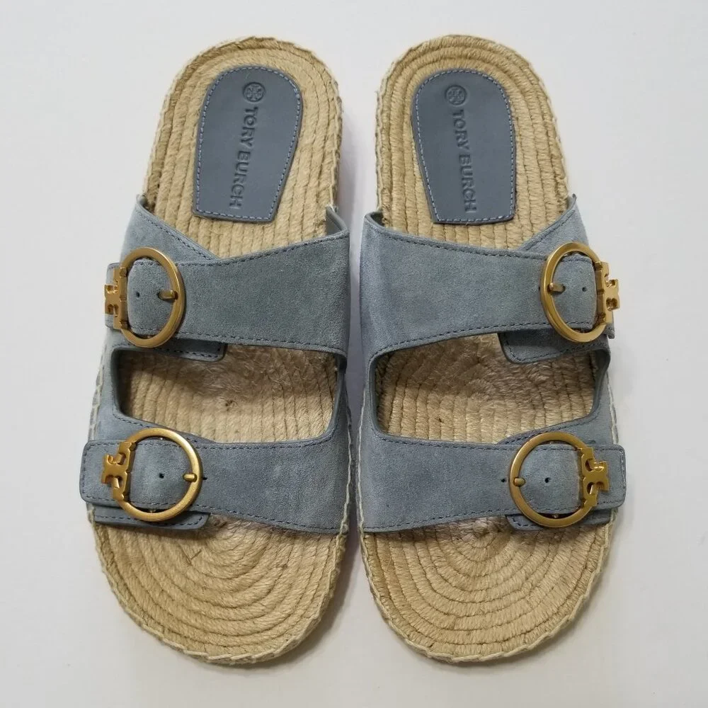 NWOB Tory‎ Burch Selby Two-Band Espadrille Slide Sandal in Blue Calla